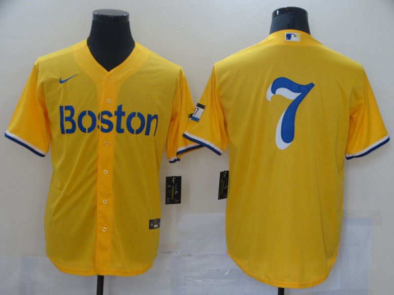 Men Boston Red Sox #7 No name Yellow Game 2021 Nike MLB Jerseys->boston red sox->MLB Jersey